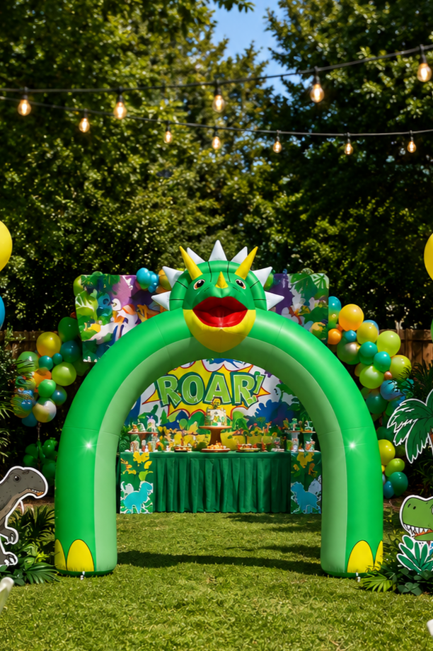 Green inflatable dinosaur arch displayed at an outdoor dinosaur-themed birthday party, surrounded by colorful balloon bouquets, themed décor, party tables, string lights, and a “ROAR!” dessert backdrop on a grassy lawn.