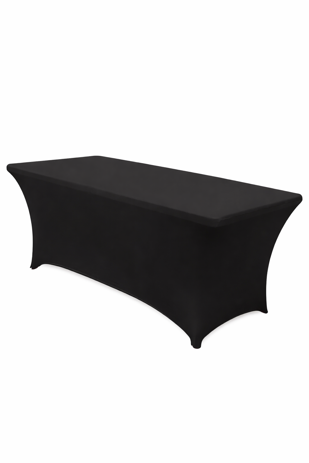 Black rectangular event table covered with a fitted stretch spandex tablecloth, displayed against a clean white background in a portrait layout, ideal for weddings, parties, and formal event setups.