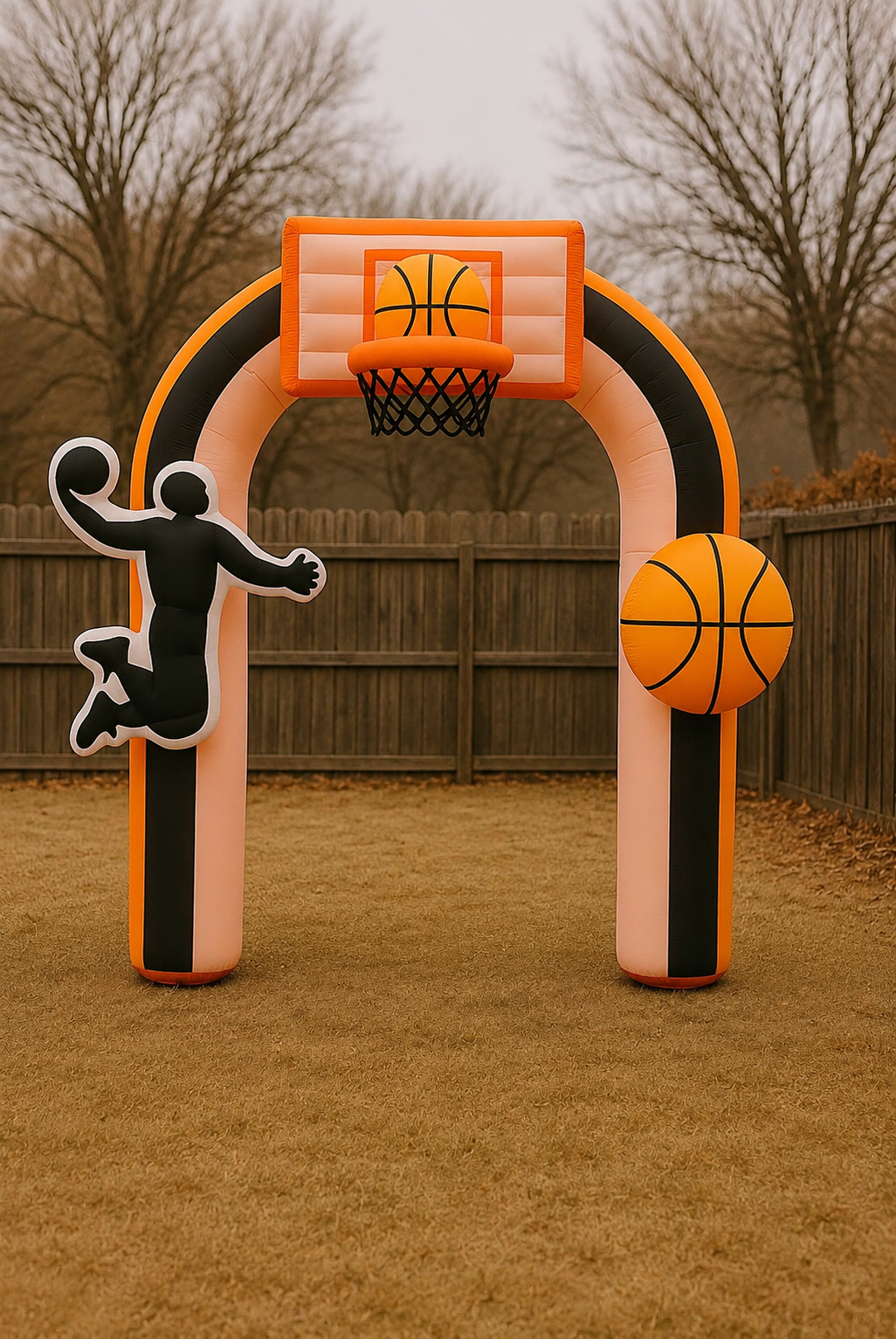 Inflatable basketball arch with a built-in basketball hoop, dunking player silhouette, and oversized basketball accents displayed in a backyard, perfect for basketball tournaments, sports parties, school events, and game-day celebrations.