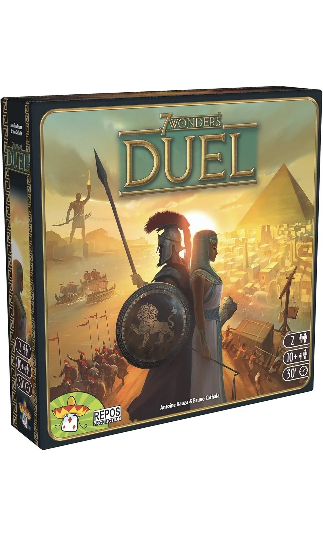 7 Wonders Duel board game box featuring ancient warriors and pyramids