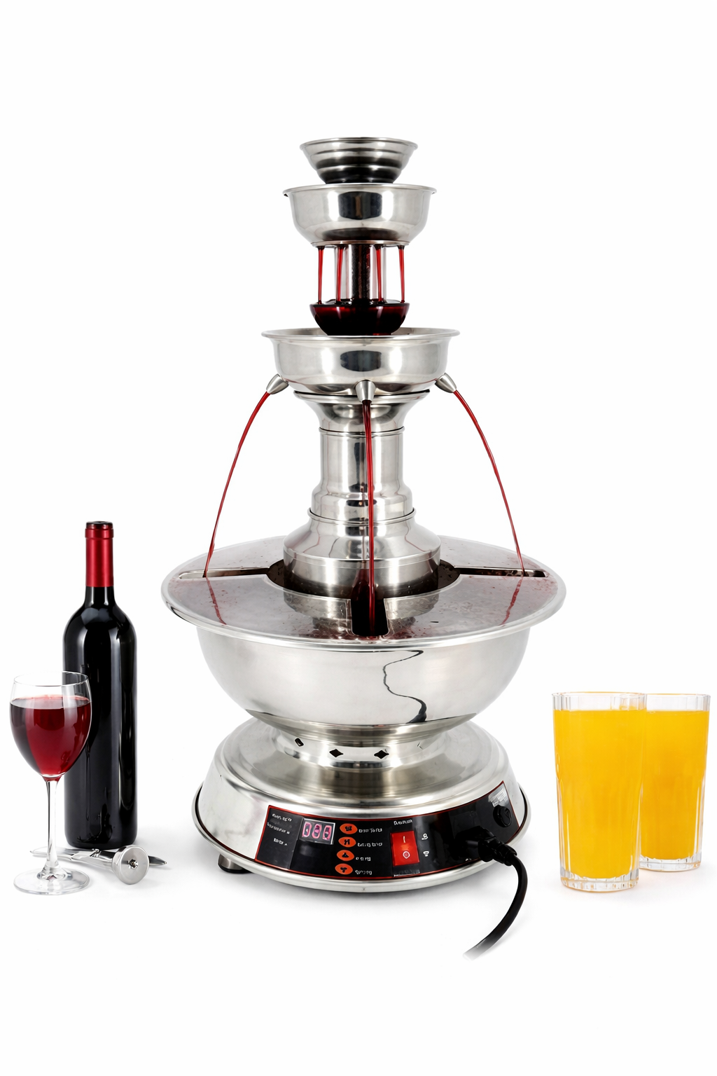 Stainless steel beverage fountain with cascading red liquid, displayed with a wine bottle, wine glass, and glasses of orange juice on a clean white background, ideal for weddings and event drink service.