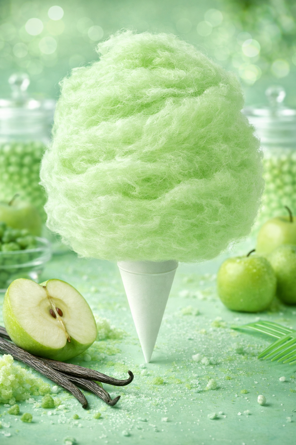 Green apple cotton candy on a cone with fresh apple slices and green candy accents, crisp and vibrant setup