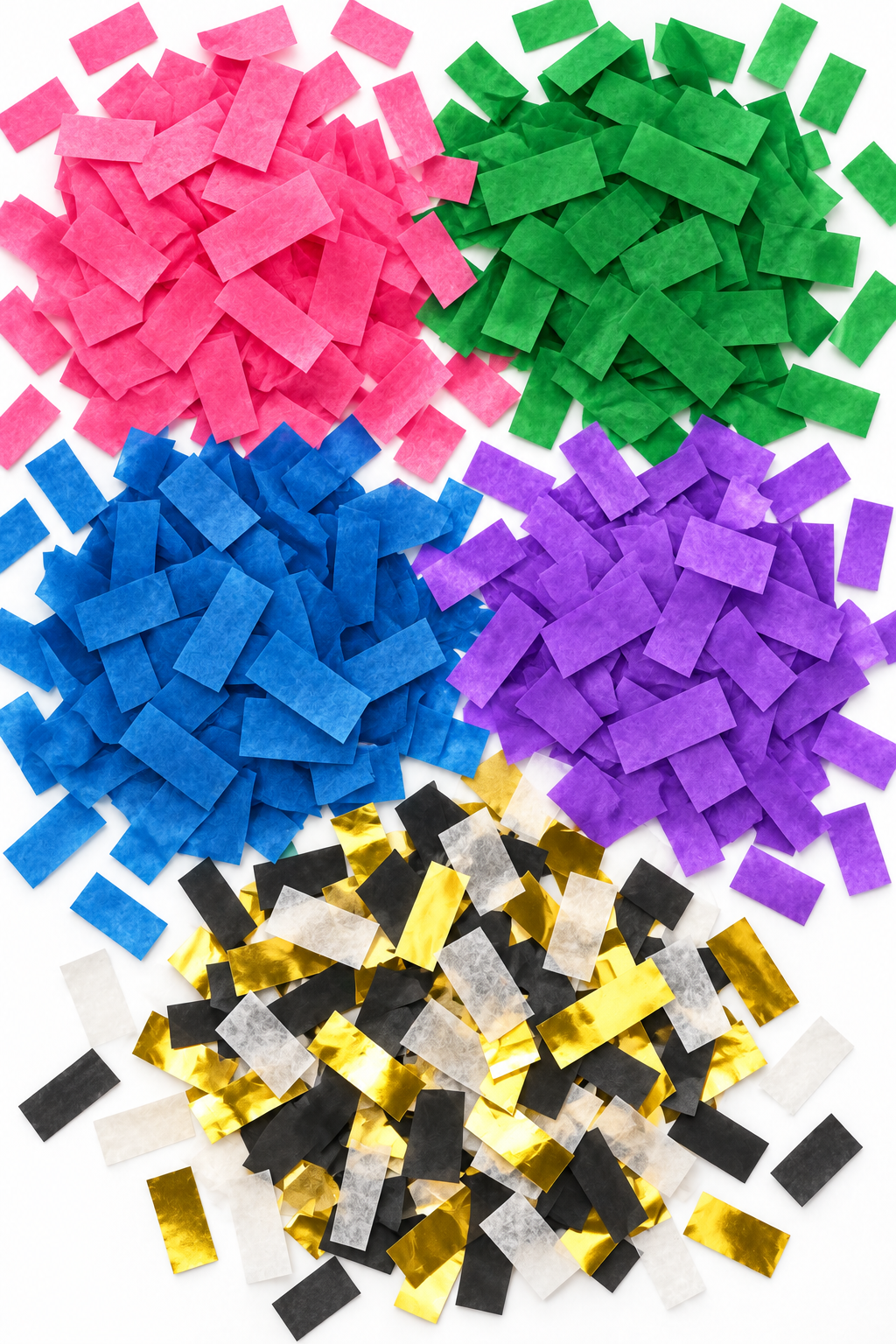 Rectangular confetti in pink, green, blue, purple, and a black, gold, and white mix arranged on a white background.