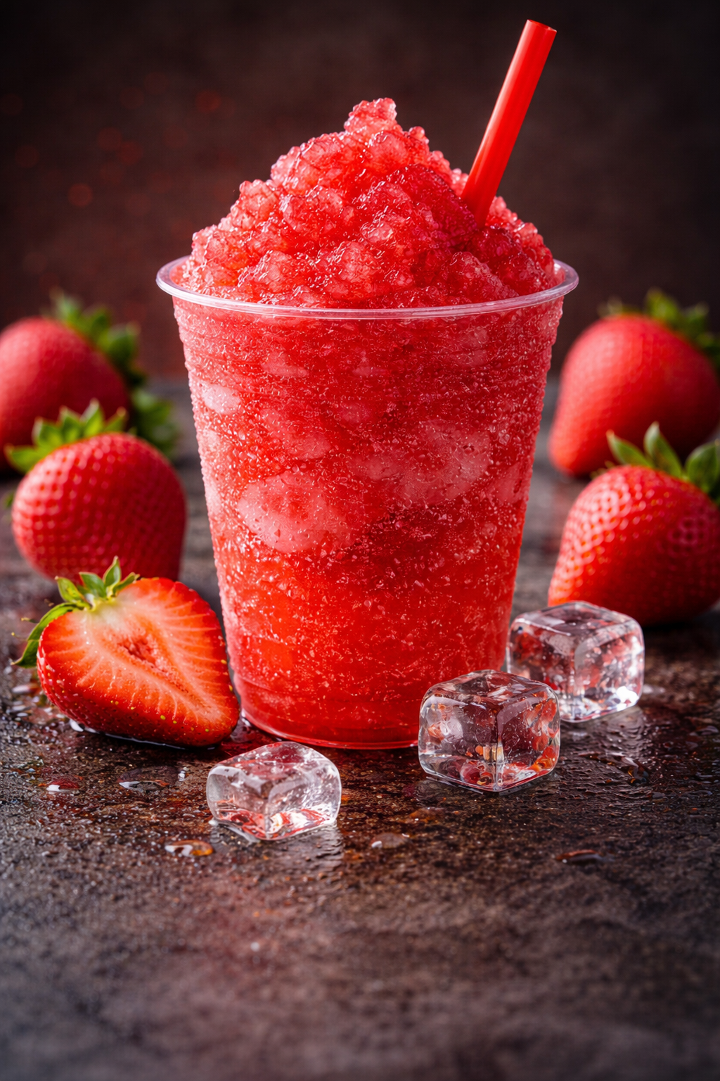 Bright red strawberry slushy in a clear plastic cup filled with crushed ice, topped with a red straw, surrounded by fresh strawberries and ice cubes on a dark surface in a portrait-style image.
