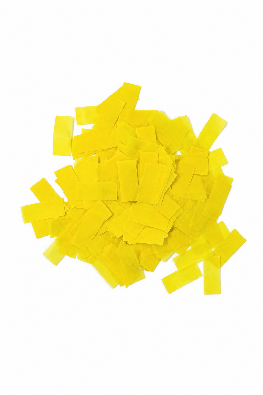 Yellow rectangular tissue paper confetti pieces for confetti machine rentals and event celebrations.