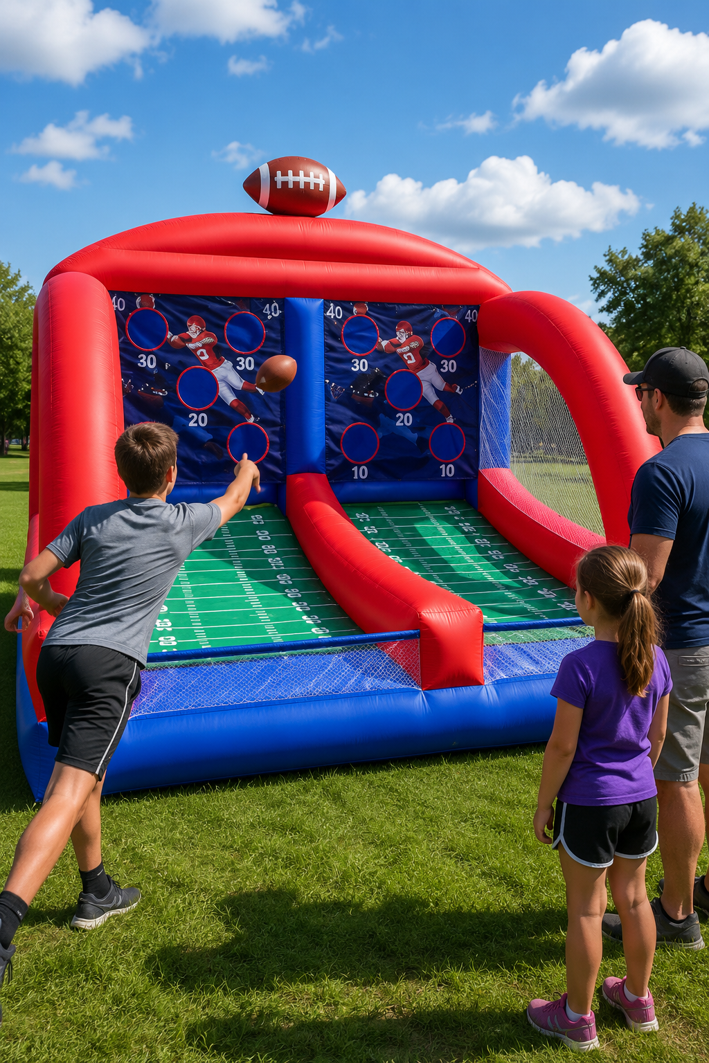 Two children compete side by side on a dual-lane inflatable football toss game, aiming footballs at numbered target holes while family members watch during an outdoor event.