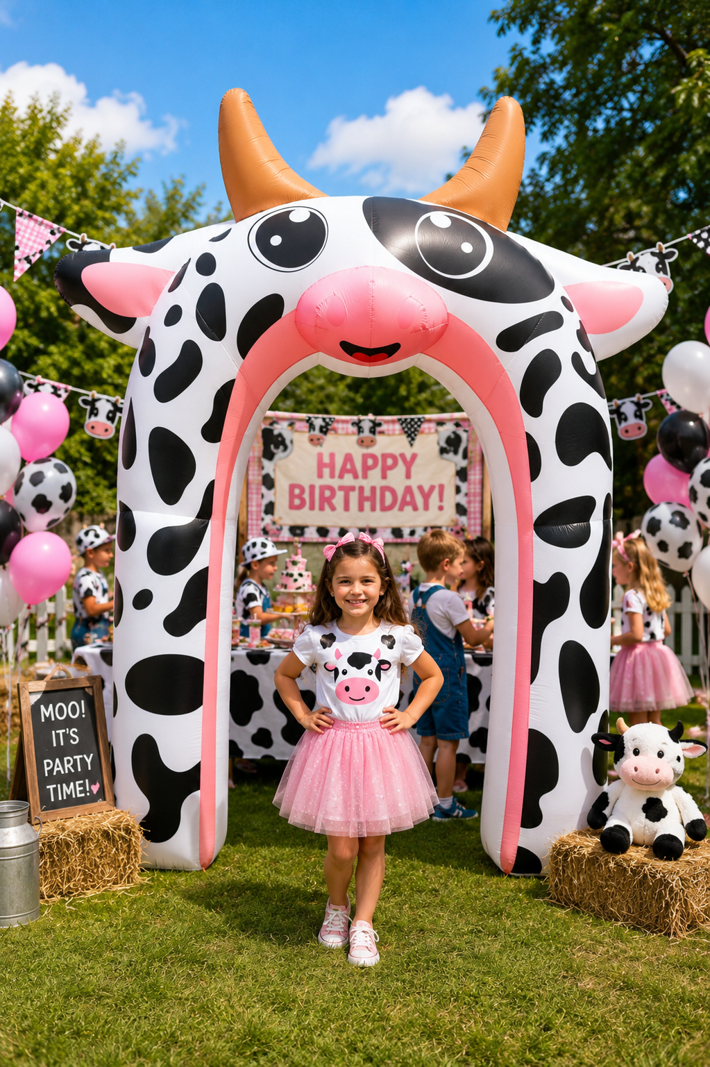 Cow-themed inflatable entrance arch at a farm-themed kids birthday party, with a smiling birthday girl standing underneath, black-and-white balloon decorations, hay bales, cow-print décor, and children celebrating outdoors on a sunny day.