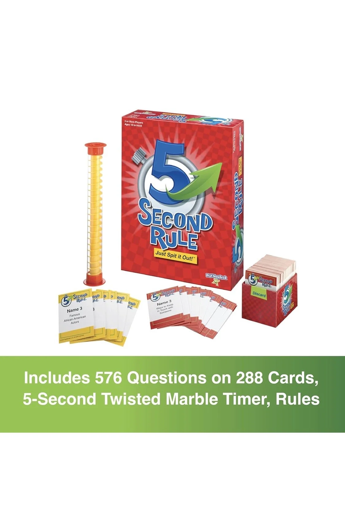 5 Second Rule game box with cards and spiral marble timer included