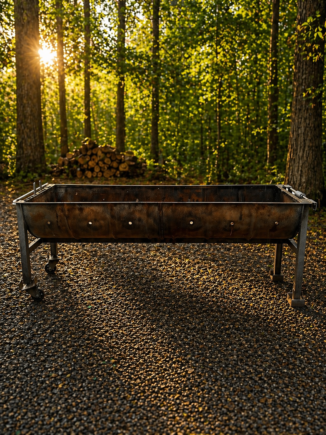 Rustic metal BBQ pit smoker on a wheeled steel frame, approximately 6 feet long and 20 inches wide, set against a sunlit forest background.