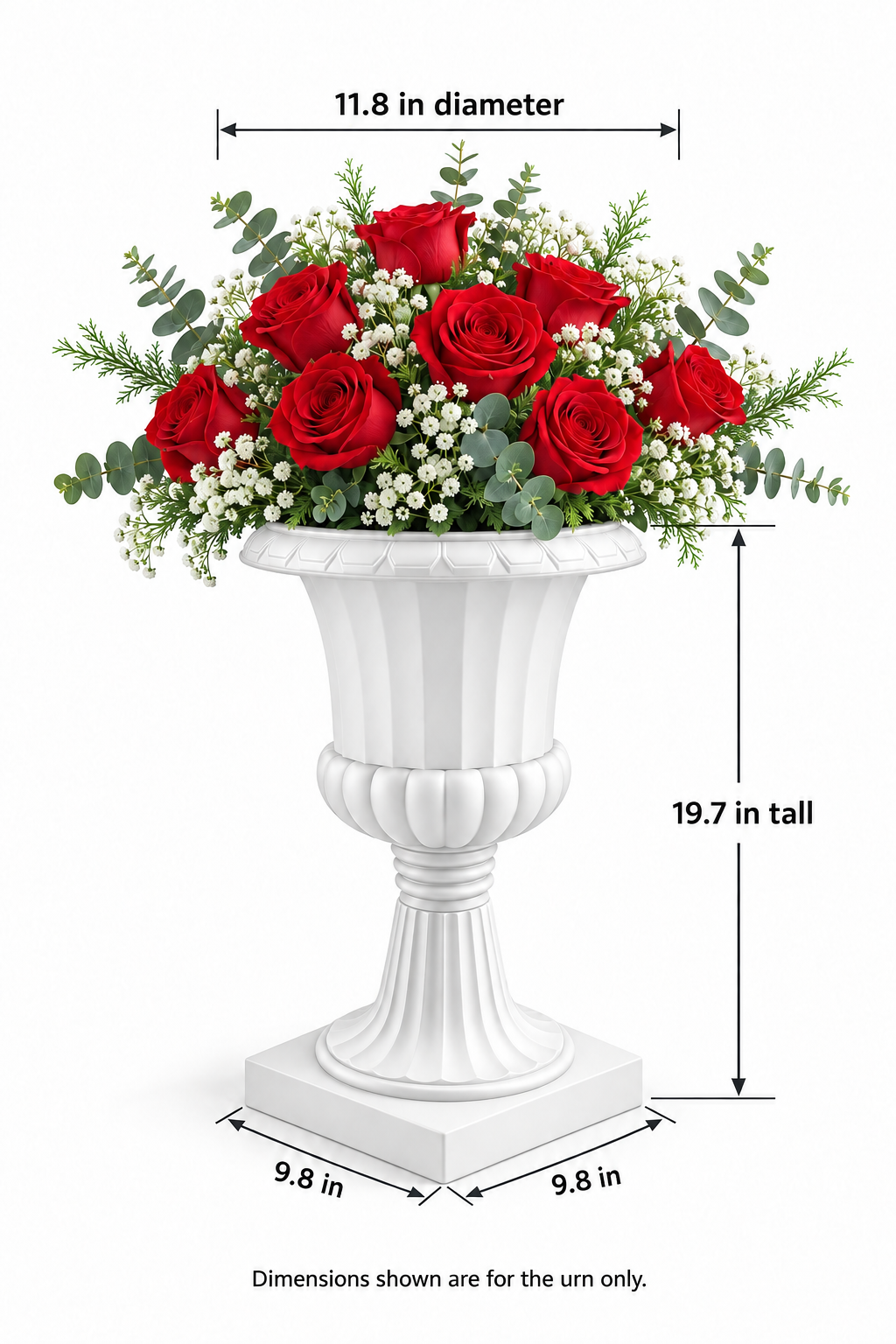 White pedestal urn filled with red roses, white baby’s breath, and greenery on a white background, with urn dimensions labeled.