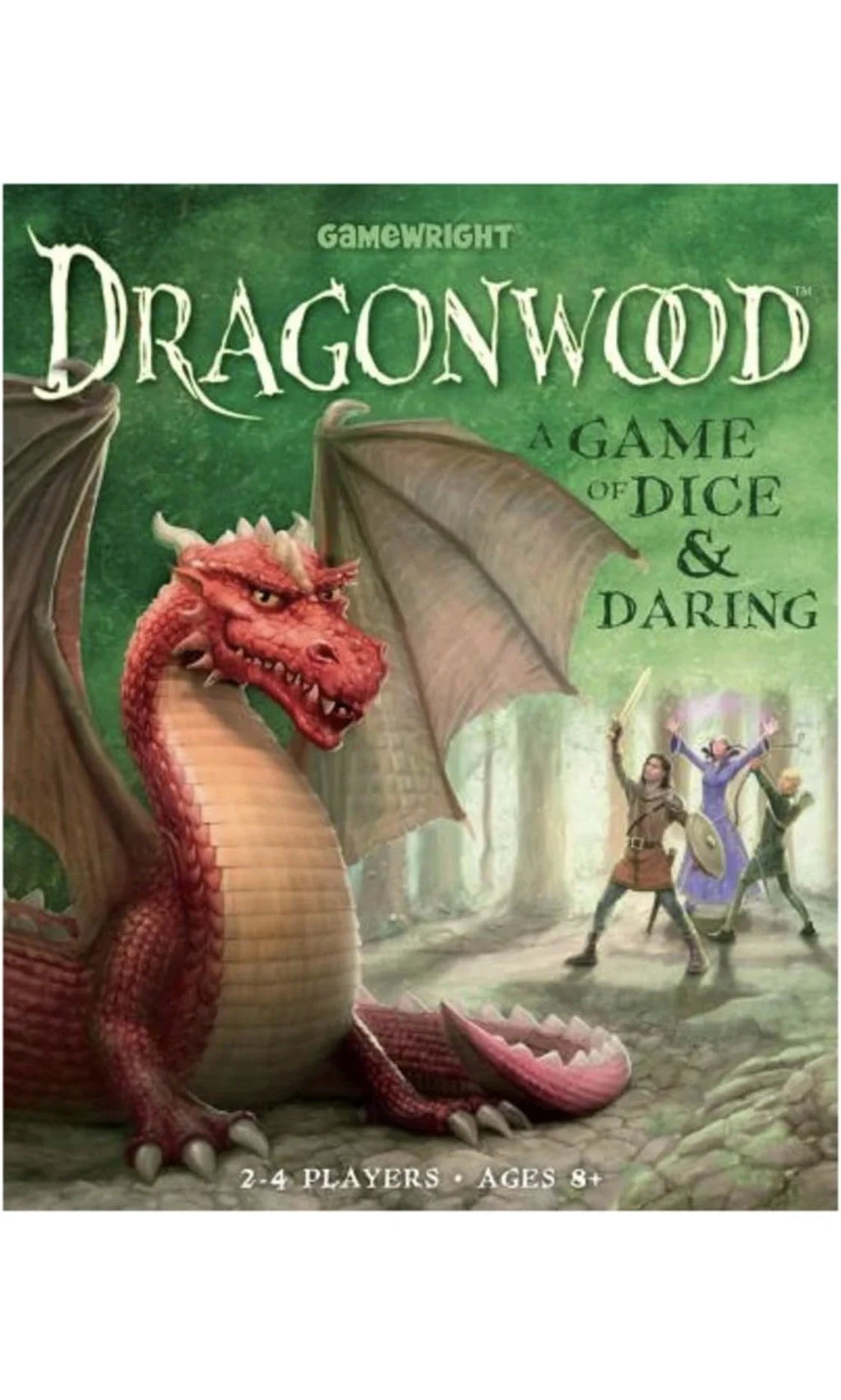 Dragonwood fantasy dice and card game featuring dragon artwork and adventure theme