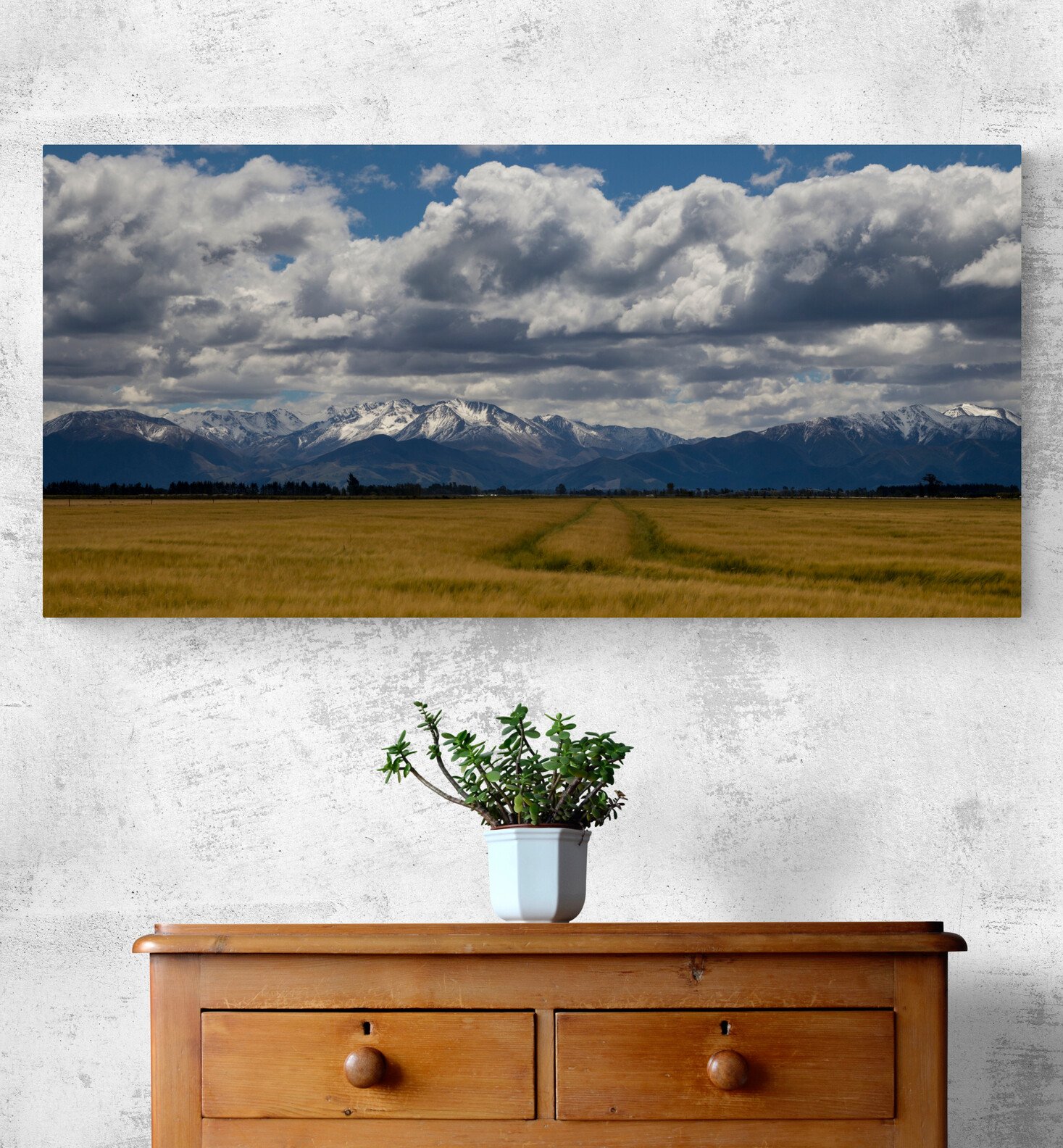Mountain Wheat Field Glass Art on wall