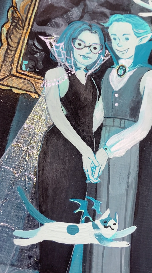 A close up of a Bat Cat, an artistic representation of the family's pet in acrylic paints, all tones are blue.