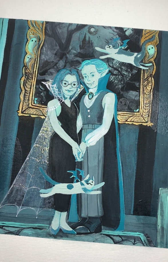 An example of the commission work of Victorian, eerie, Halloween styled portraits in acrylic paint, this represents a family, in this case two vampire spouses holding hands in front of a frame picturing a traditional Dracula's Castle
