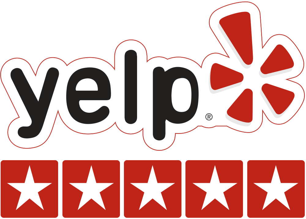Yelp logo with black text, a red and white stylized star shape, and a row of five red squares each with a white star inside.