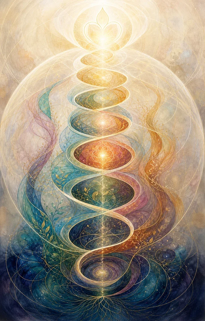 A luminous upward spiral rising from deep blue roots through teal, rose, and gold into a white-gold lotus, expressing a return to wholeness.