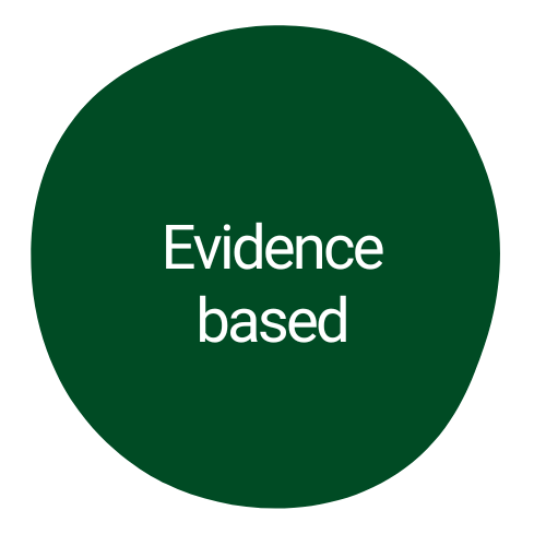 Dark green circle with white text that reads 'Evidence based'.