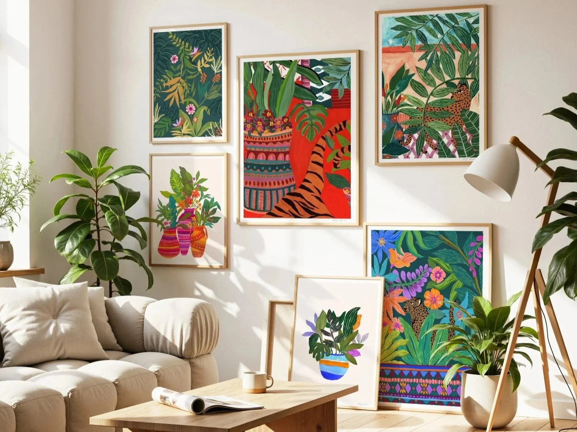 Living room with a beige sofa, a wooden coffee table with magazines and a mug, potted plants, and a wall decorated with colorful framed botanical and animal artwork.
