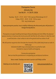 Text über Pranayama-Kurs, Termine, Empfehlungen und Kontaktinformationen auf Englisch, mit QR-Code am Ende.