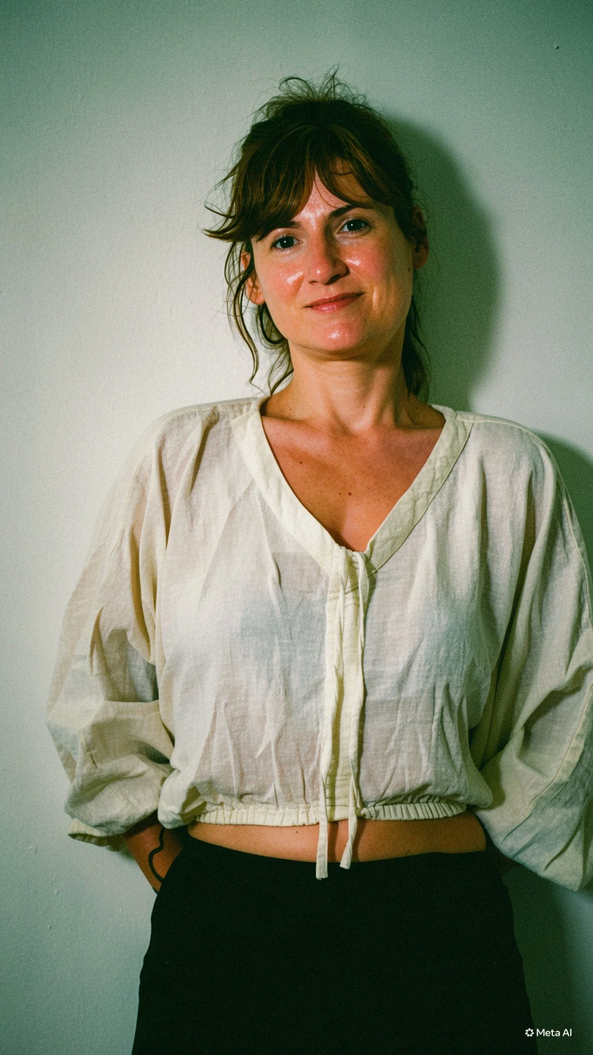 Junge Frau mit braunen, lockigen Haaren und einem Lächeln, trägt eine cremefarbene Jacke und eine schwarze Hose, steht vor einer weißen Wand.