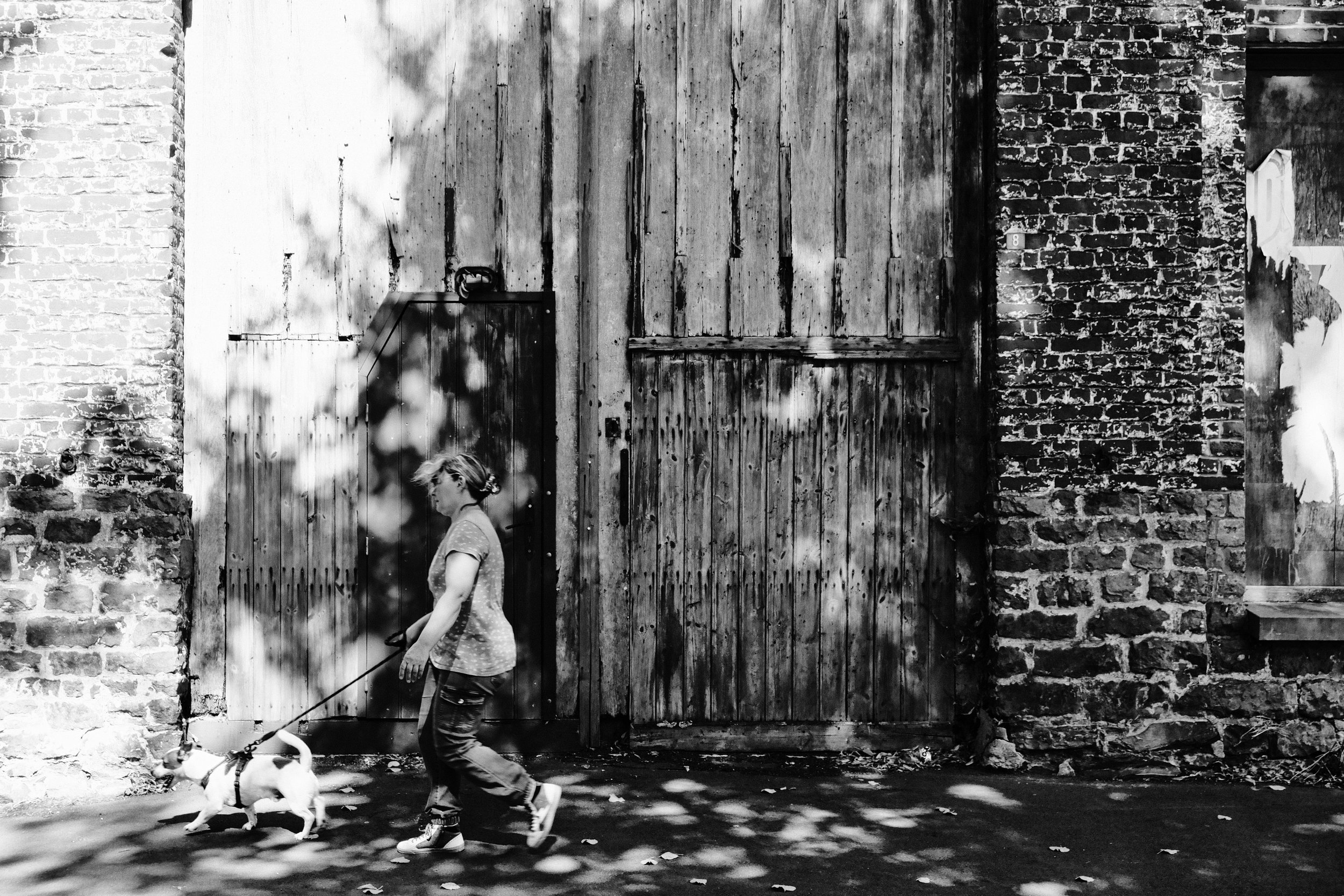 Femme avec Chien devant un Immense Portail - Péruwelz