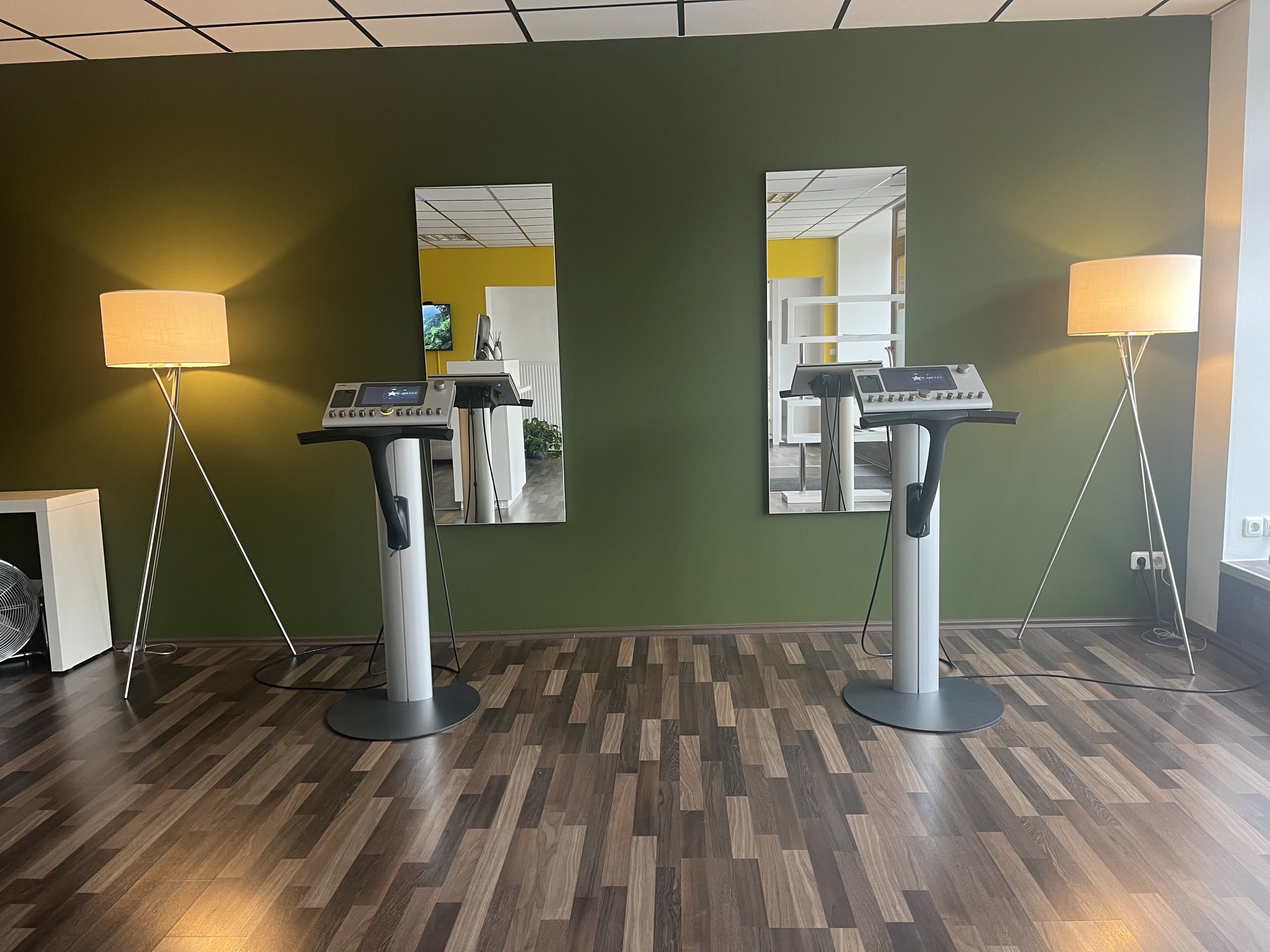 Zwei EMS Fitness Geräte auf Ständern flankieren eine grüne Wand mit zwei hohen Spiegeln. Auf jeder Seite steht eine Stehlampe mit Lampenschirm.