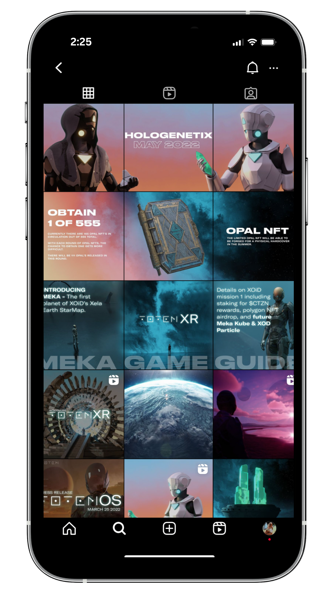 Instagram grid view on a smartphone screen displaying a themed collection of futuristic and sci-fi images, including robots, geometric designs, digital landscapes, and text promoting Opal NFT and Hologenitix May 2022. Some images reference a game gui
