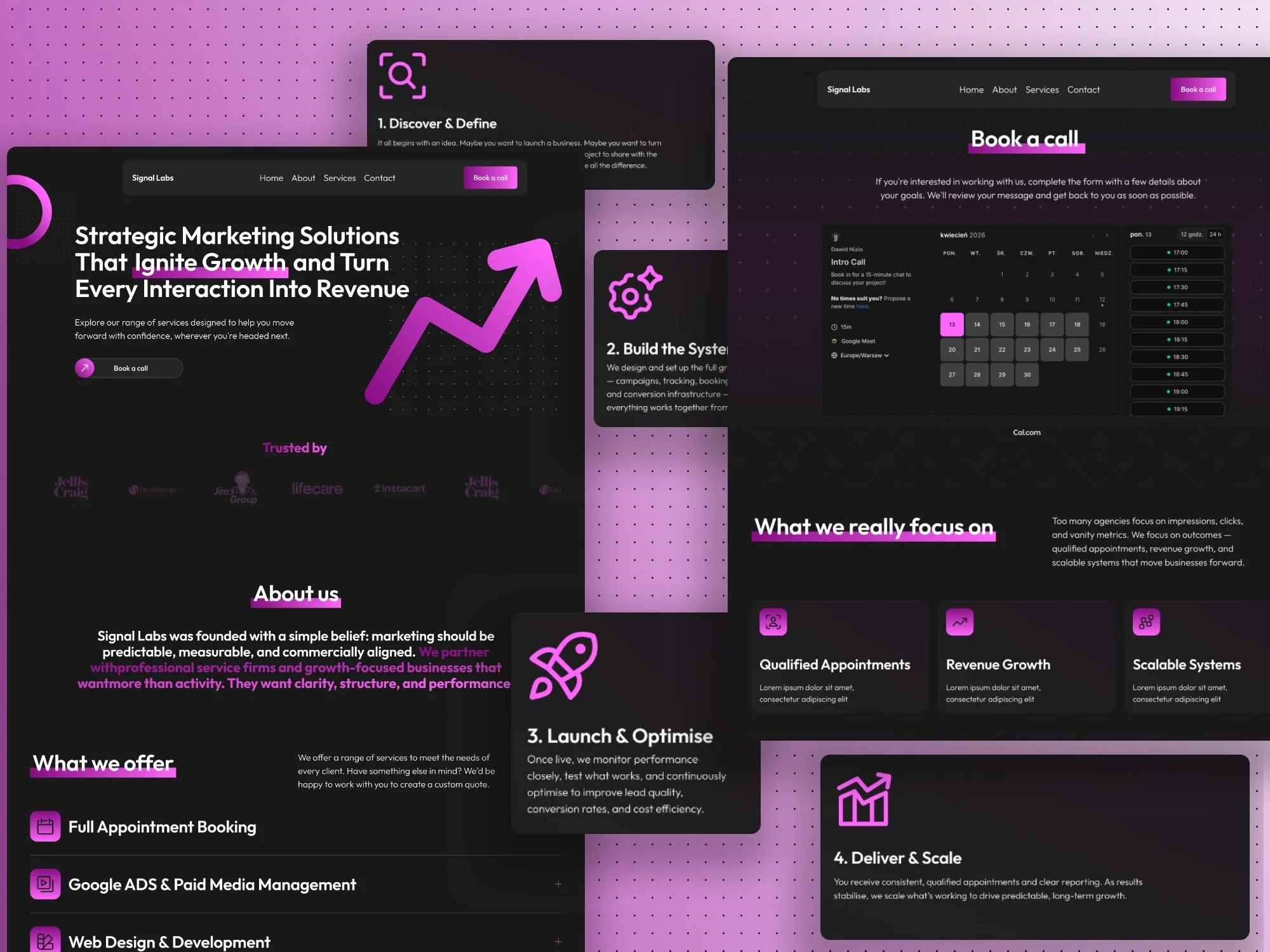 Signal Labs Squarespace website with dark theme and pink accents, showing a growth chart for a marketing agency