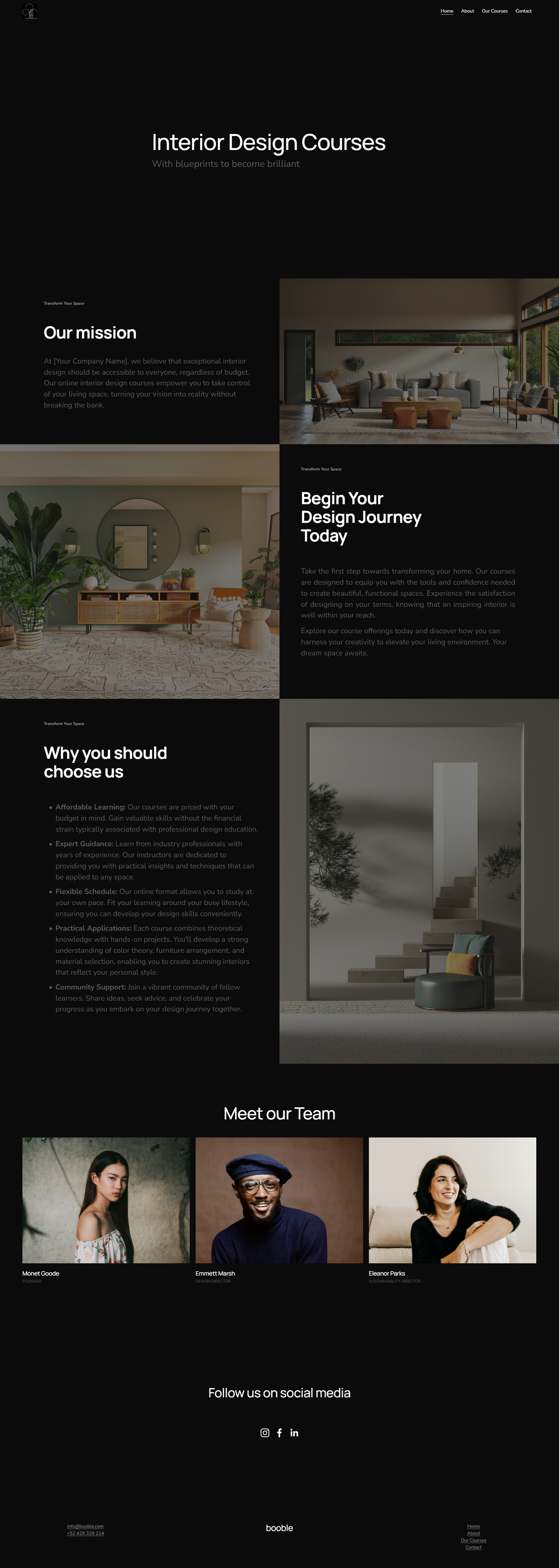 Website with information on interior design courses, showcasing images of stylish interiors. Includes sections on the mission, benefits of the courses, and team members. Contact details and social media links are provided at the bottom.