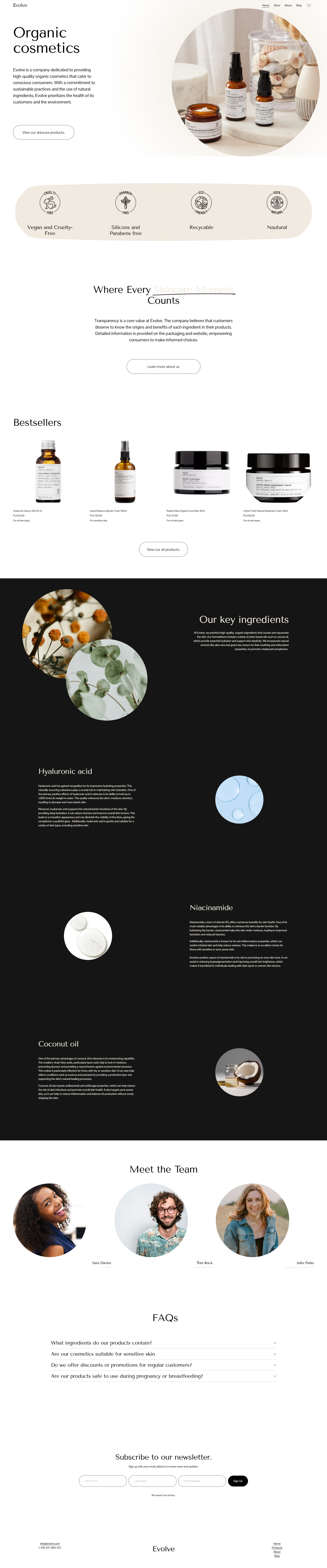 Webpage for Evolve Organic Cosmetics featuring various skincare products, key ingredients like hyaluronic acid and niacinamide, and team member images. Includes information about vegan, cruelty-free, and natural products, and offers a newsletter subscription.