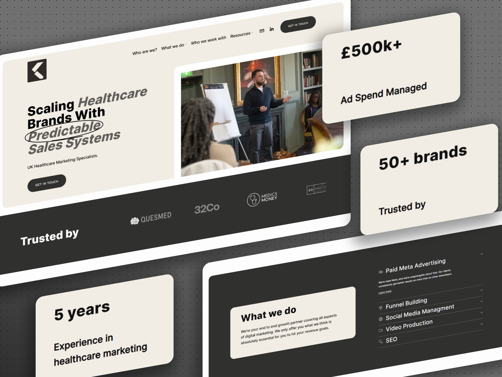 KeCatalyst Squarespace website in dark and cream tones, showing ad spend results for a UK healthcare marketing agency