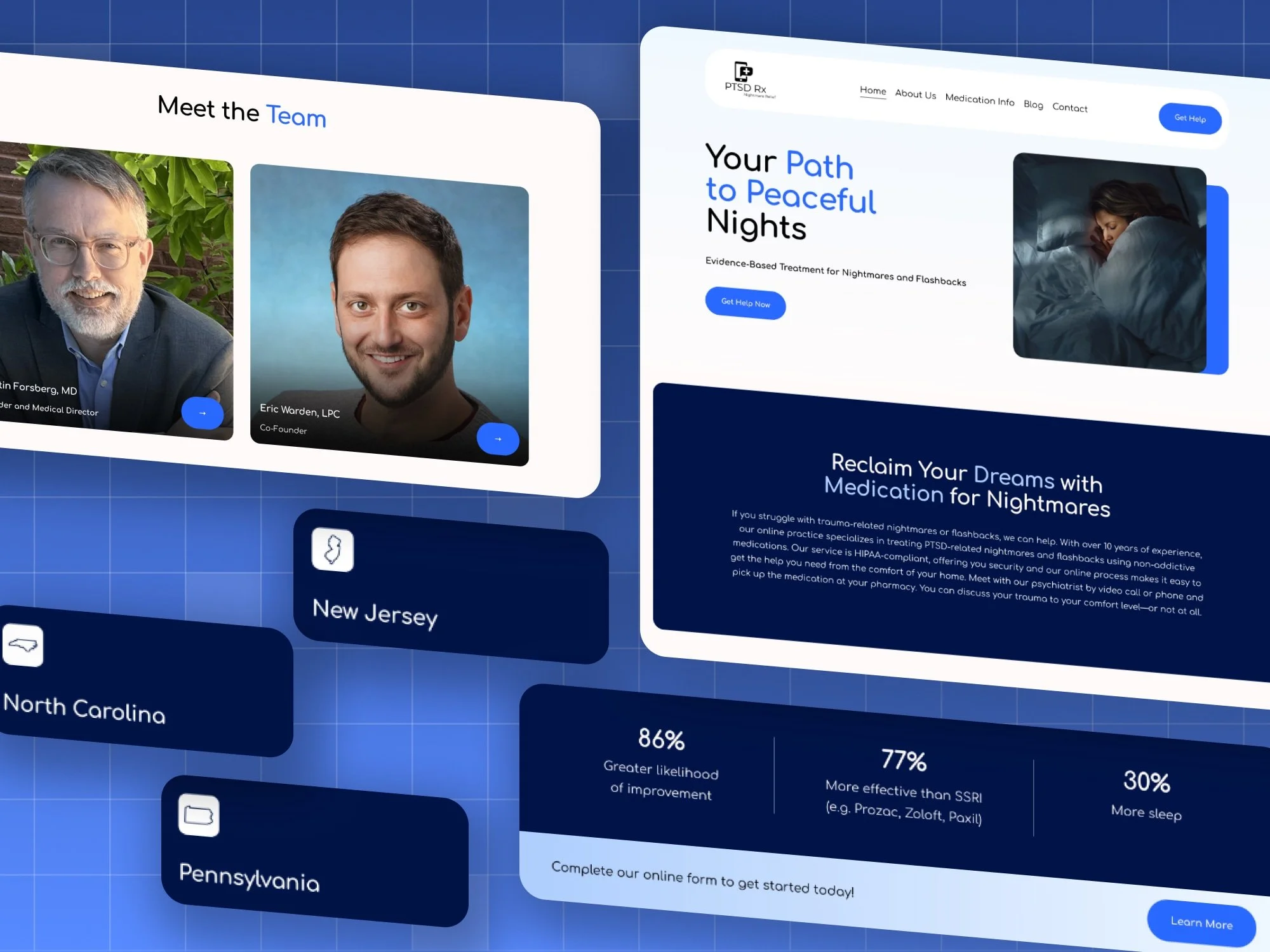 PTSD.Rx Squarespace website in dark navy with clinician photos and nightmare therapy statistics