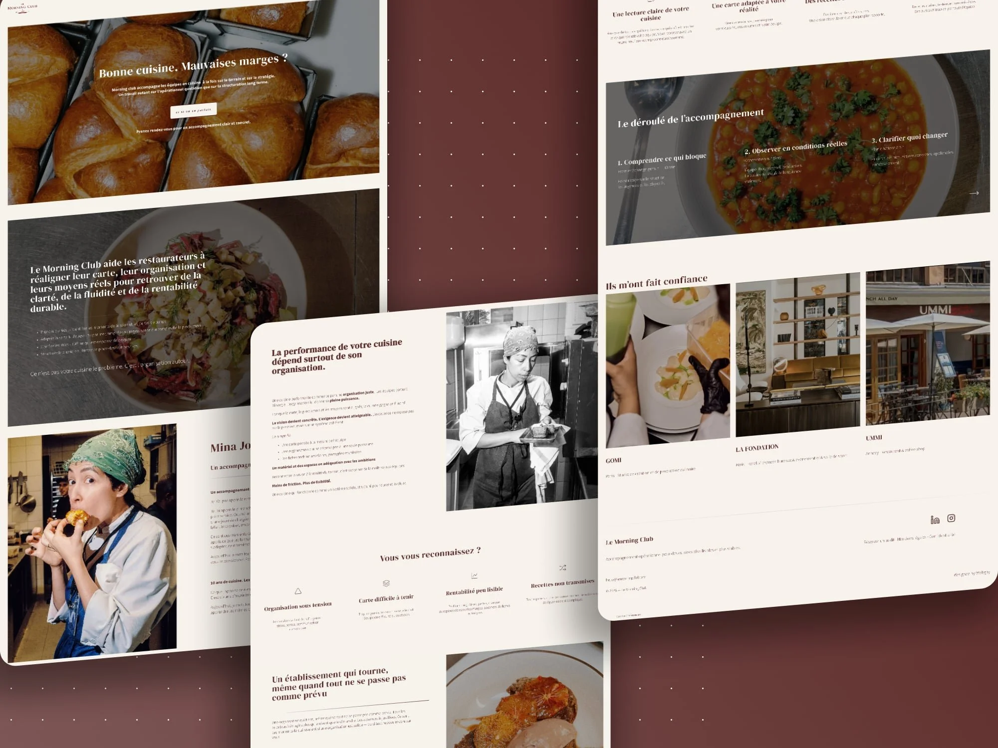 Le Morning Club Squarespace website in warm terracotta tones with French bakery and restaurant photography