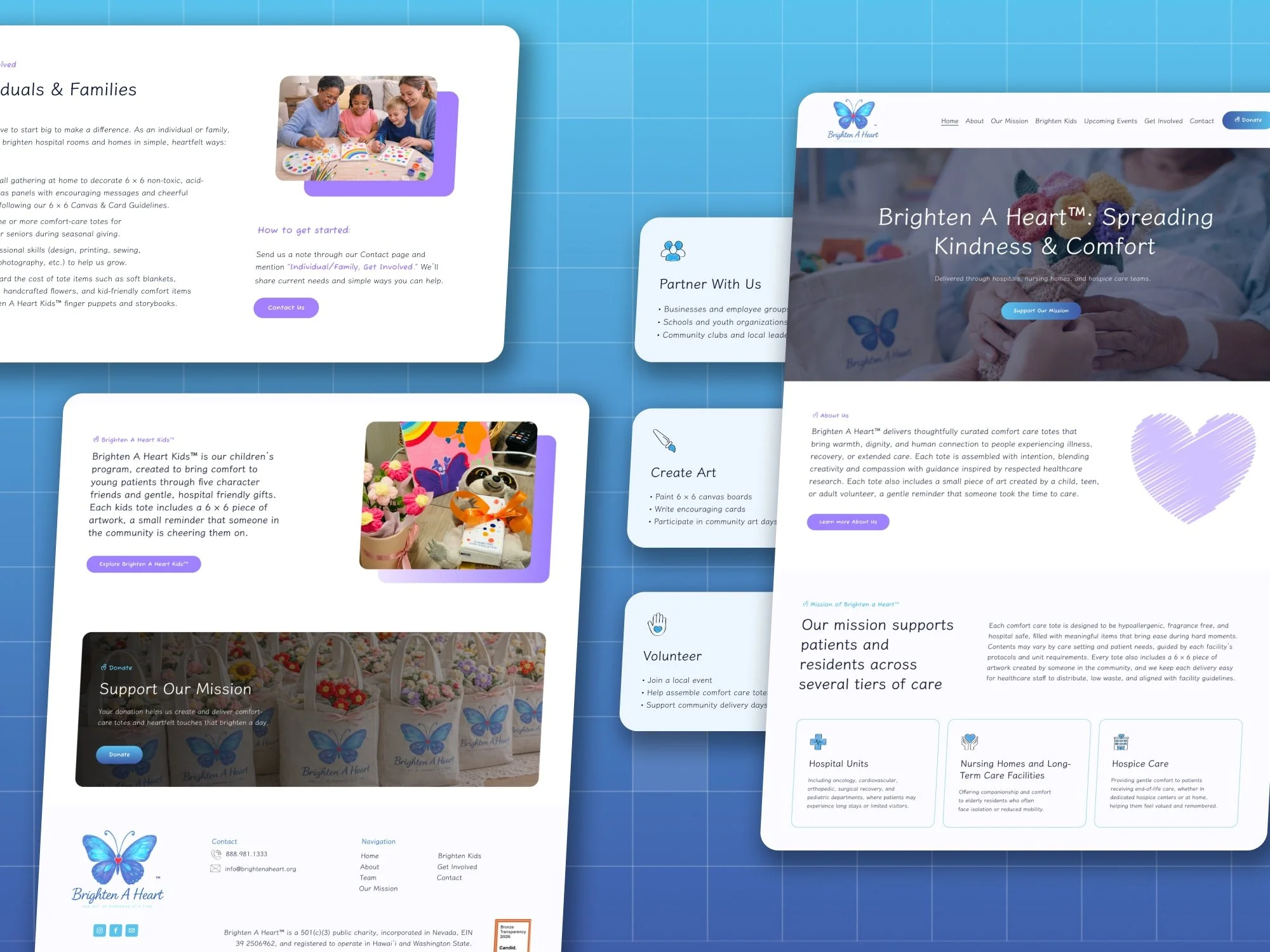 Brighten a Heart nonprofit Squarespace website with butterfly logo and community photos