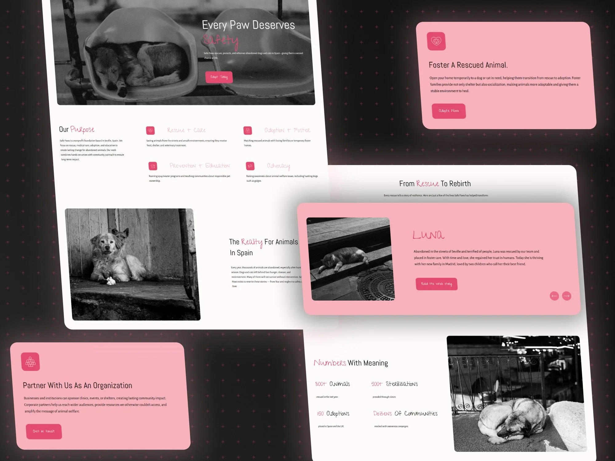 SafePaws animal rescue Squarespace website in black, white and pink, featuring rescue dog photography