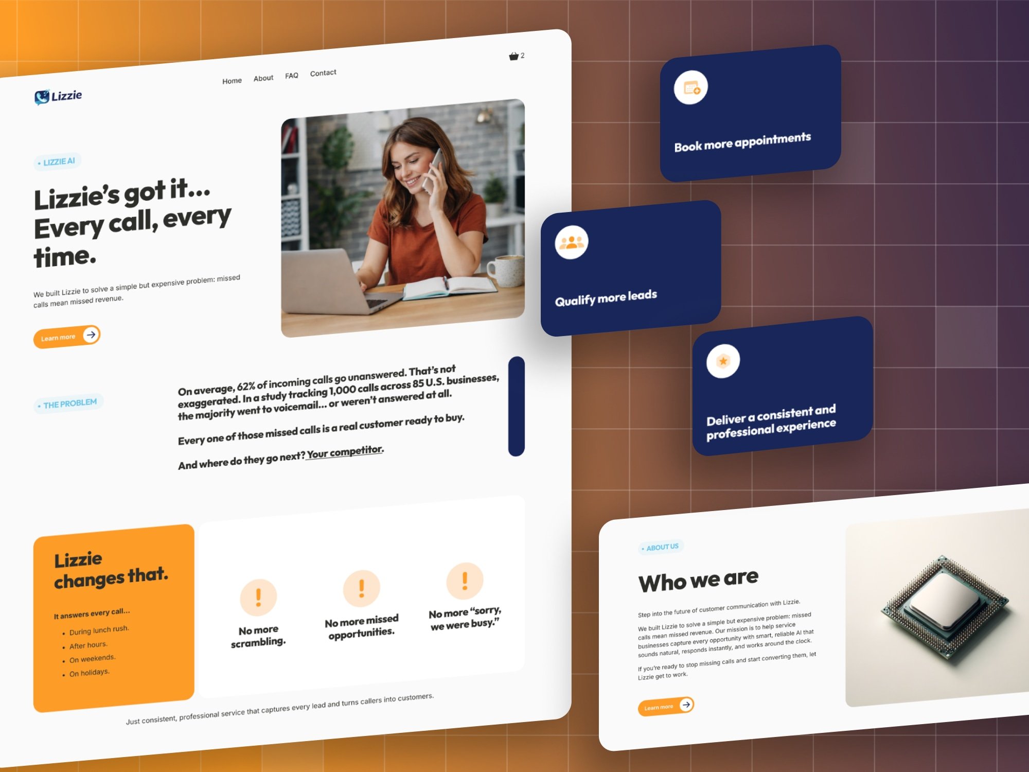 Lizzie.AI Squarespace website in white and orange, showing an AI-powered call answering product for businesses