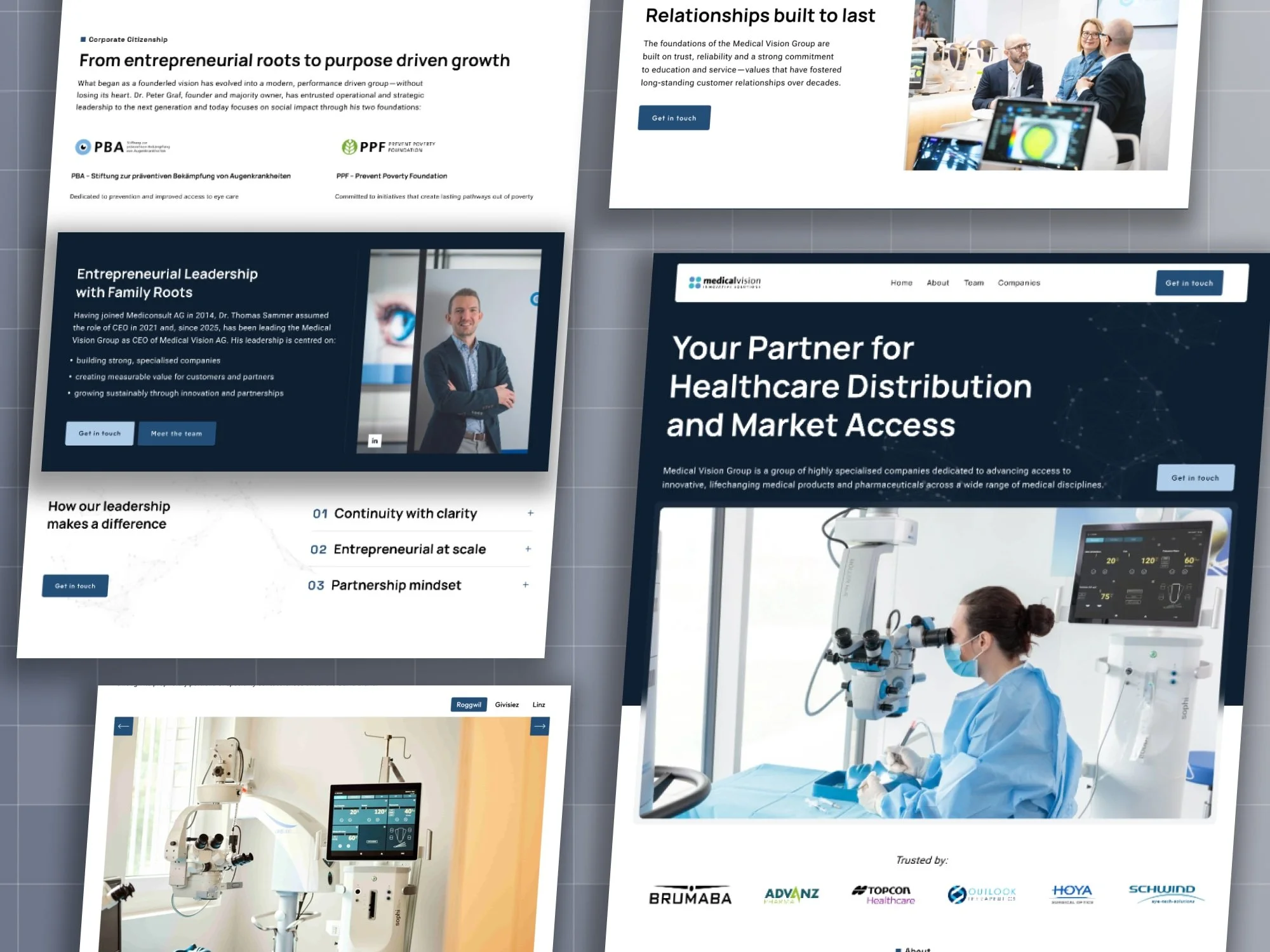 Medical Vision Group Squarespace website in navy blue with leadership photos and eye care imagery