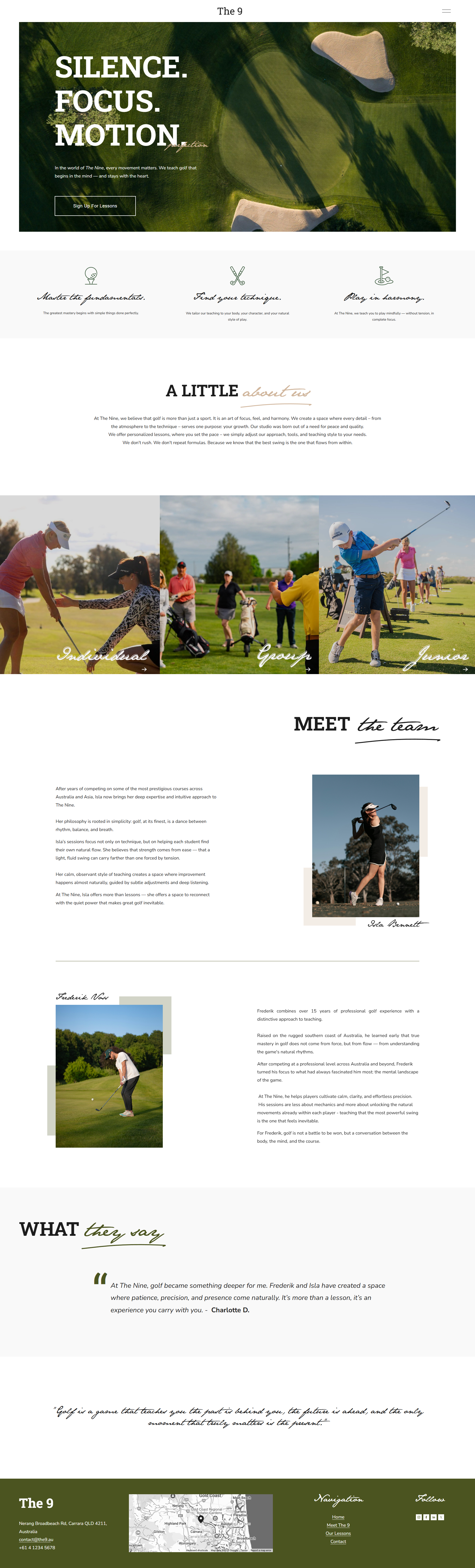 A webpage promoting golf training and lessons features a large aerial view of a golf course with sand traps, colored in shades of green and beige. The page includes sections about focus, motion, and different types of golf lessons, with images of people playing golf and logos of training programs. It emphasizes the importance of patience, precision, and experience in golf.