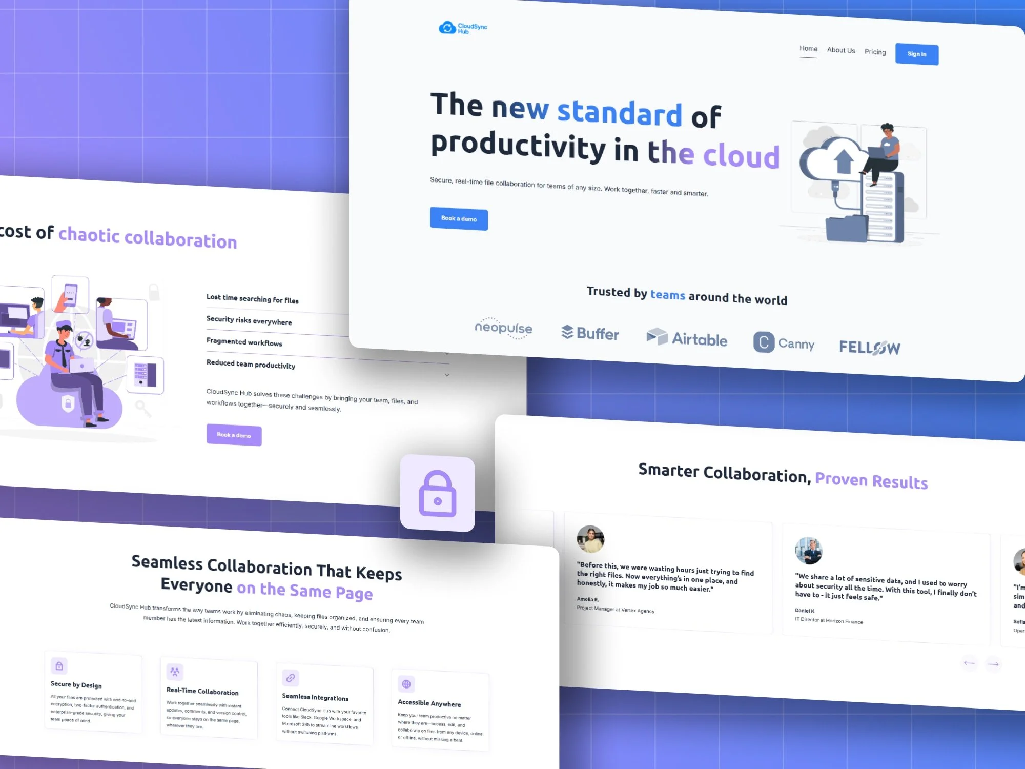 CloudSync Hub Squarespace website in purple with a cloud icon illustration for a team collaboration software product