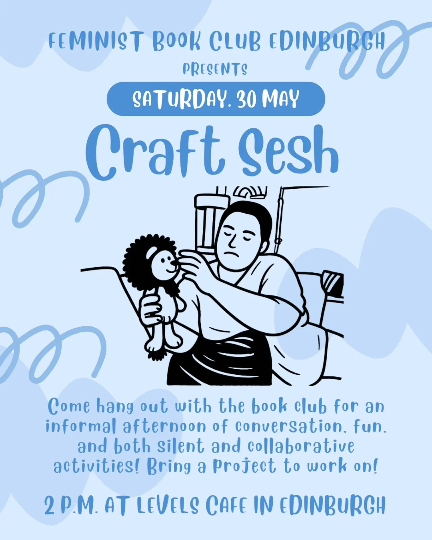 Calling all crafties!! Feminist Book Club Edinburgh is now hosting a Craft Sesh on some Saturdays, and our first one is tomorrow, May 30! Come down to Levels Cafe at 2 p.m. for some conversation, fun, and both silent and collaborative crafts. Bring a