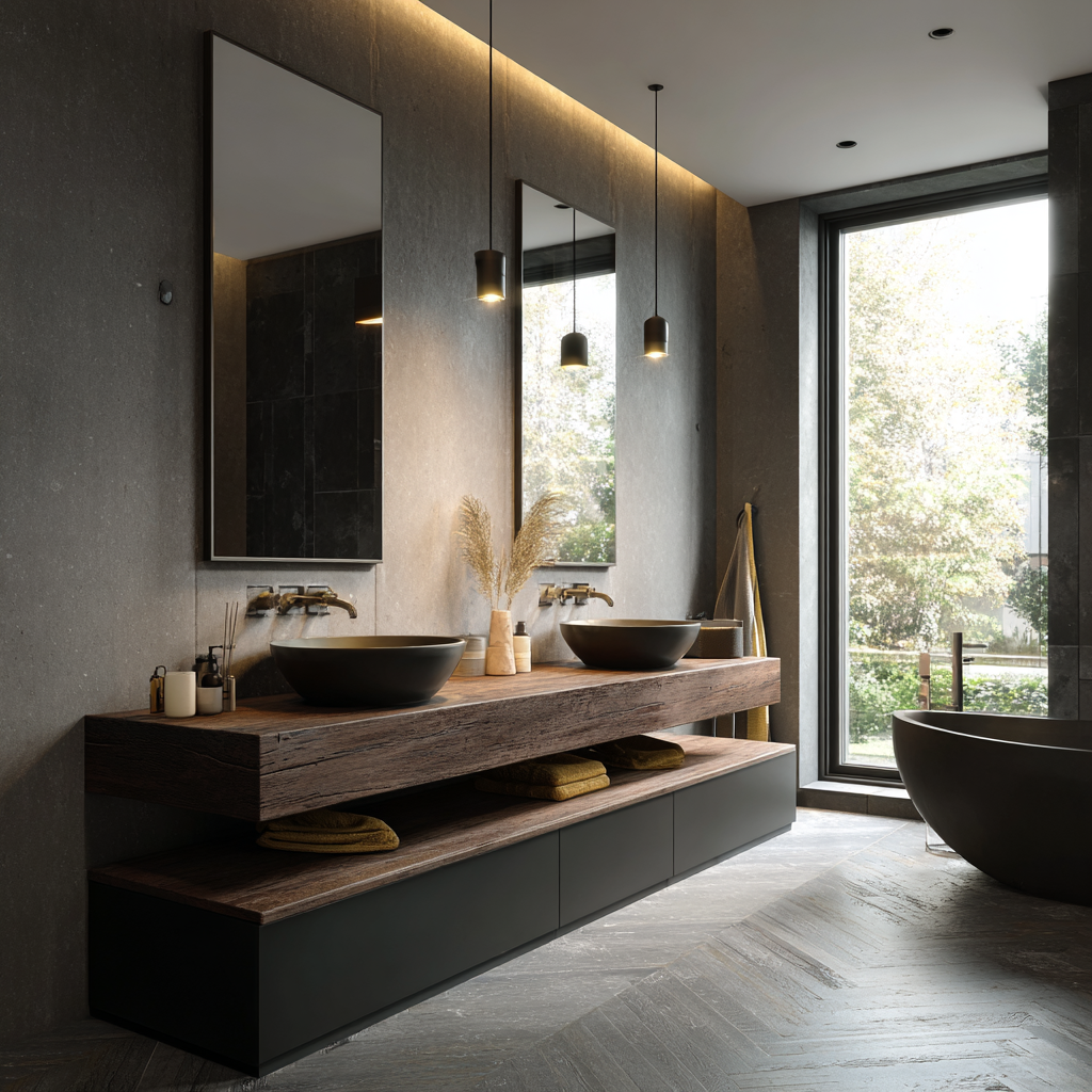Modern bathroom with double sinks, large mirror, pendant lights, and a black bathtub near a large window with outdoor view.