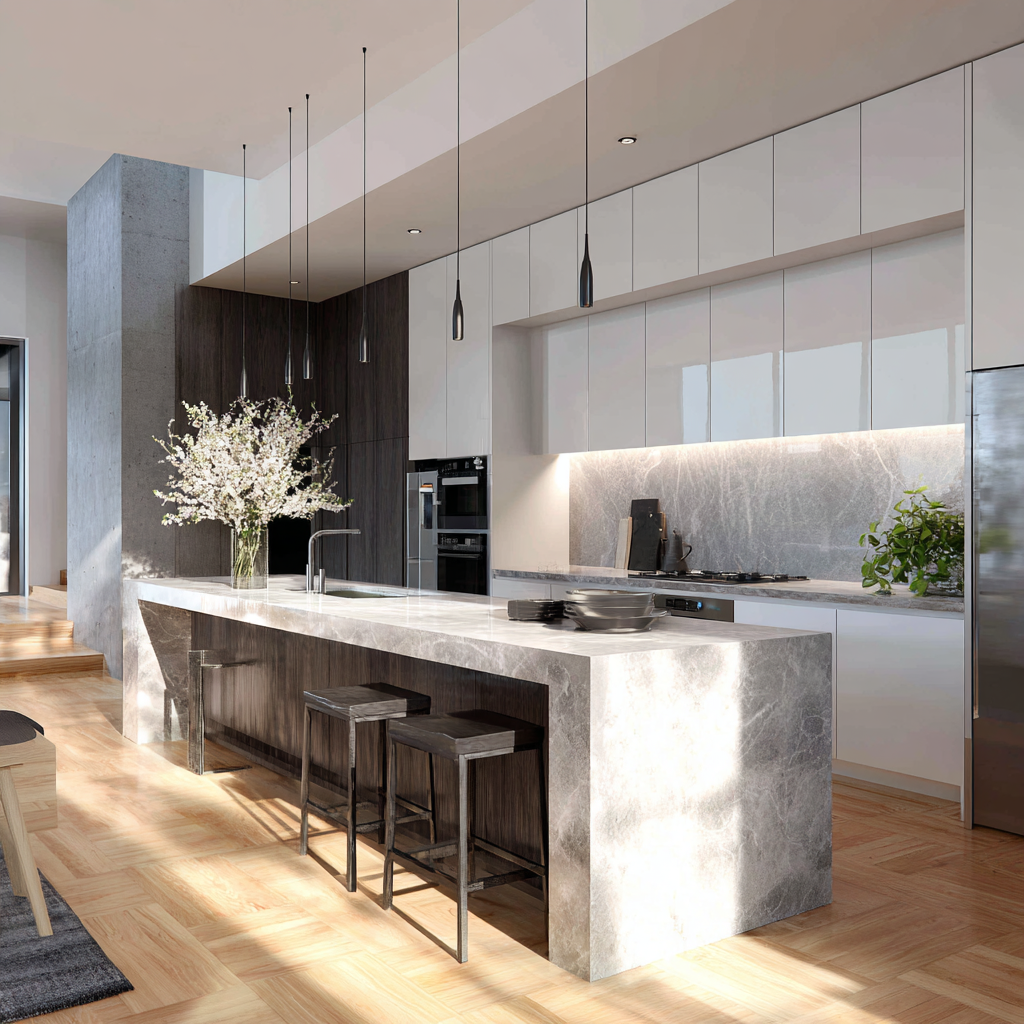 Modern kitchen with white cabinets, marble countertops, and a large island with two black stools. There are pendant lights hanging from the ceiling, a vase with white flowers, and a potted plant on the counter.