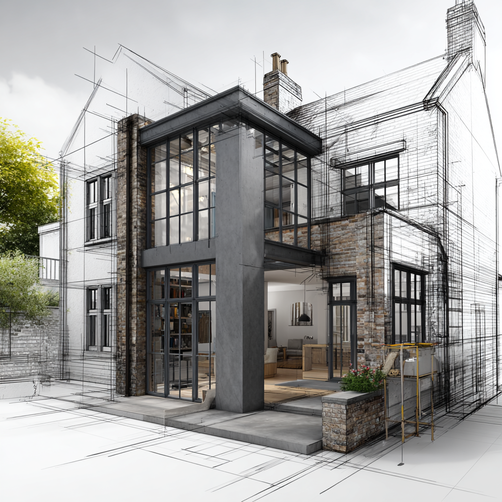 A digitally rendered building design combining a realistic house view with an architectural sketch overlay, showing a modern home with brick and glass features and construction scaffolding.
