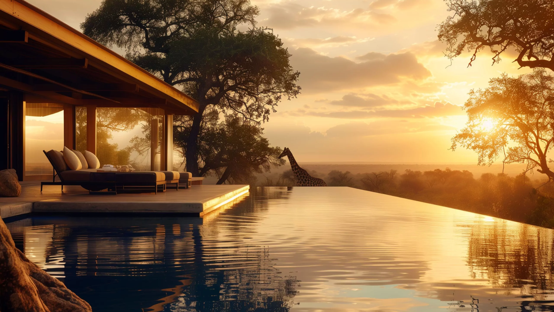 A luxurious infinity pool overlooking a savannah at sunset, with a giraffe in the distance near trees, and a modern open-air lounge area with cushions and a table on the deck.