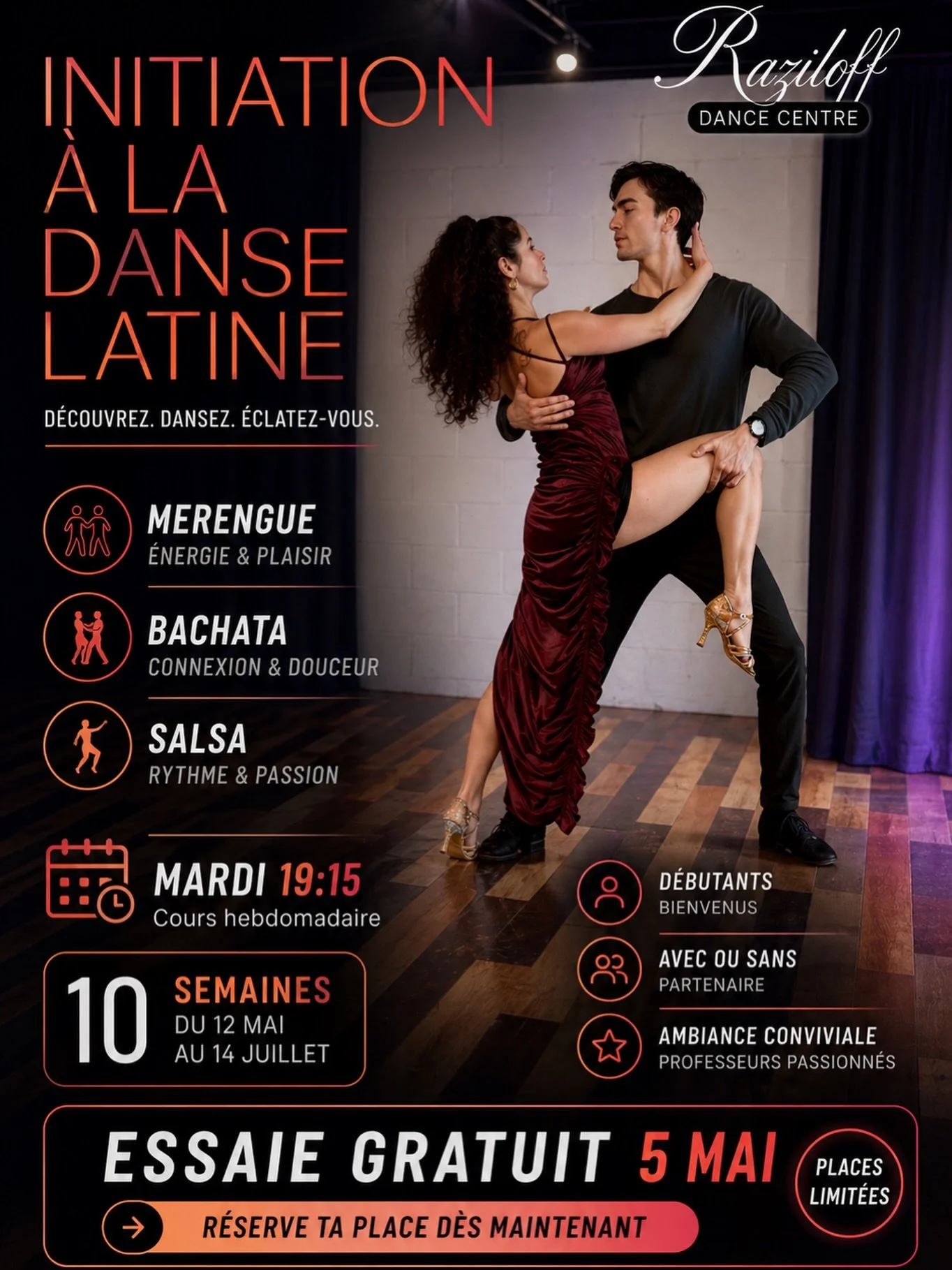 NEW at Raziloff 🔥
3 dances. 10 weeks. 1 vibe. 💃🌴

Merengue &bull; Bachata &bull; Salsa
with Noelia &amp; Alonso

No partner. No experience. Just start.
Get ready for summer nights &amp; Latin vibes ☀️✨

🎁 FREE trial May 5
Spots limited &mdash; re