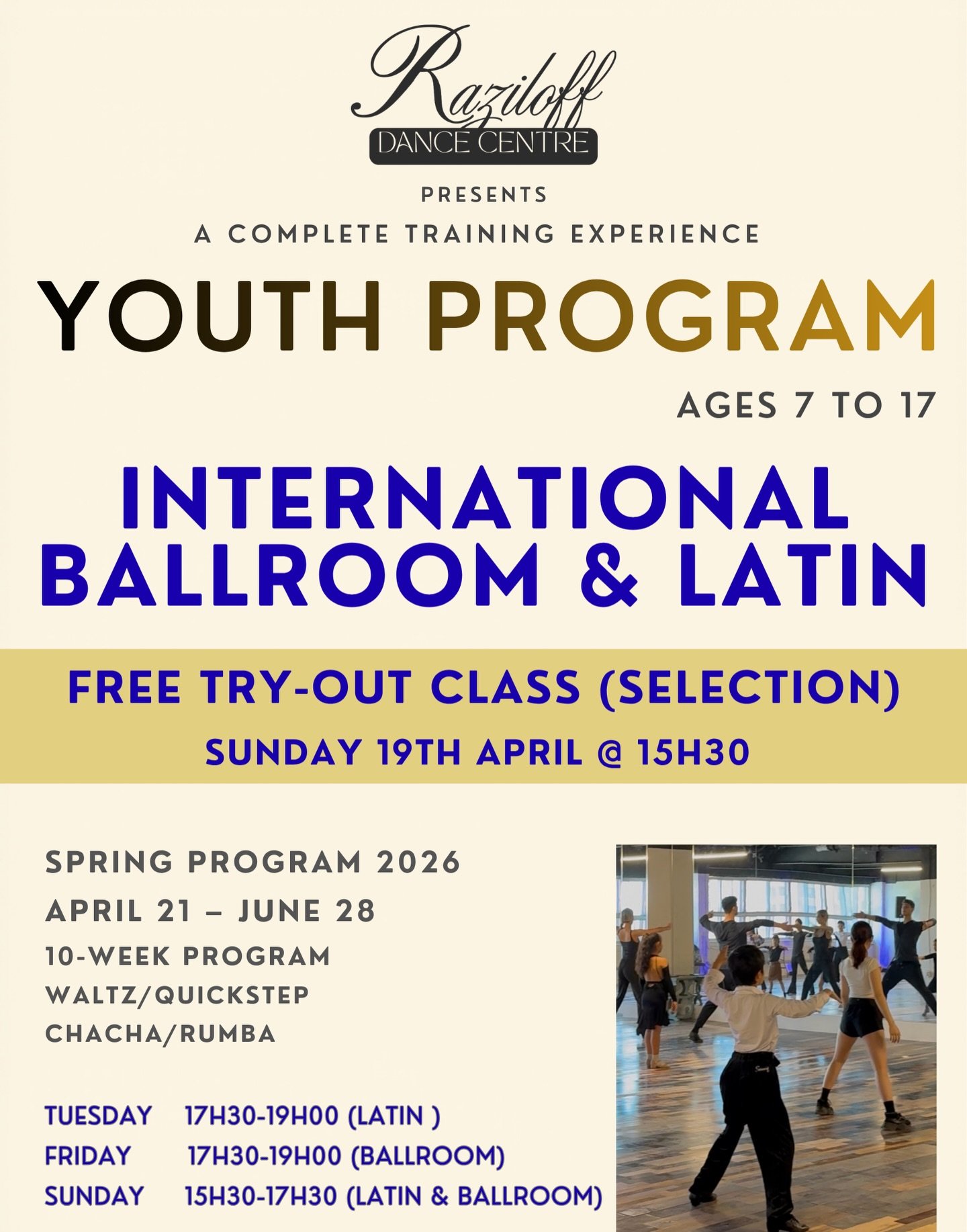 🔥 NEW YOUTH PROGRAM at Raziloff 🔥 

Future stars start here ✨ 
International Ballroom &amp; Latin for ages 7&ndash;17 💃🕺 

🎁 FREE TRY-OUT CLASS 
📅 Sunday April 19 
⏰ 15:30 

From Waltz to Cha Cha&hellip; technique, confidence &amp; pure vibes ?