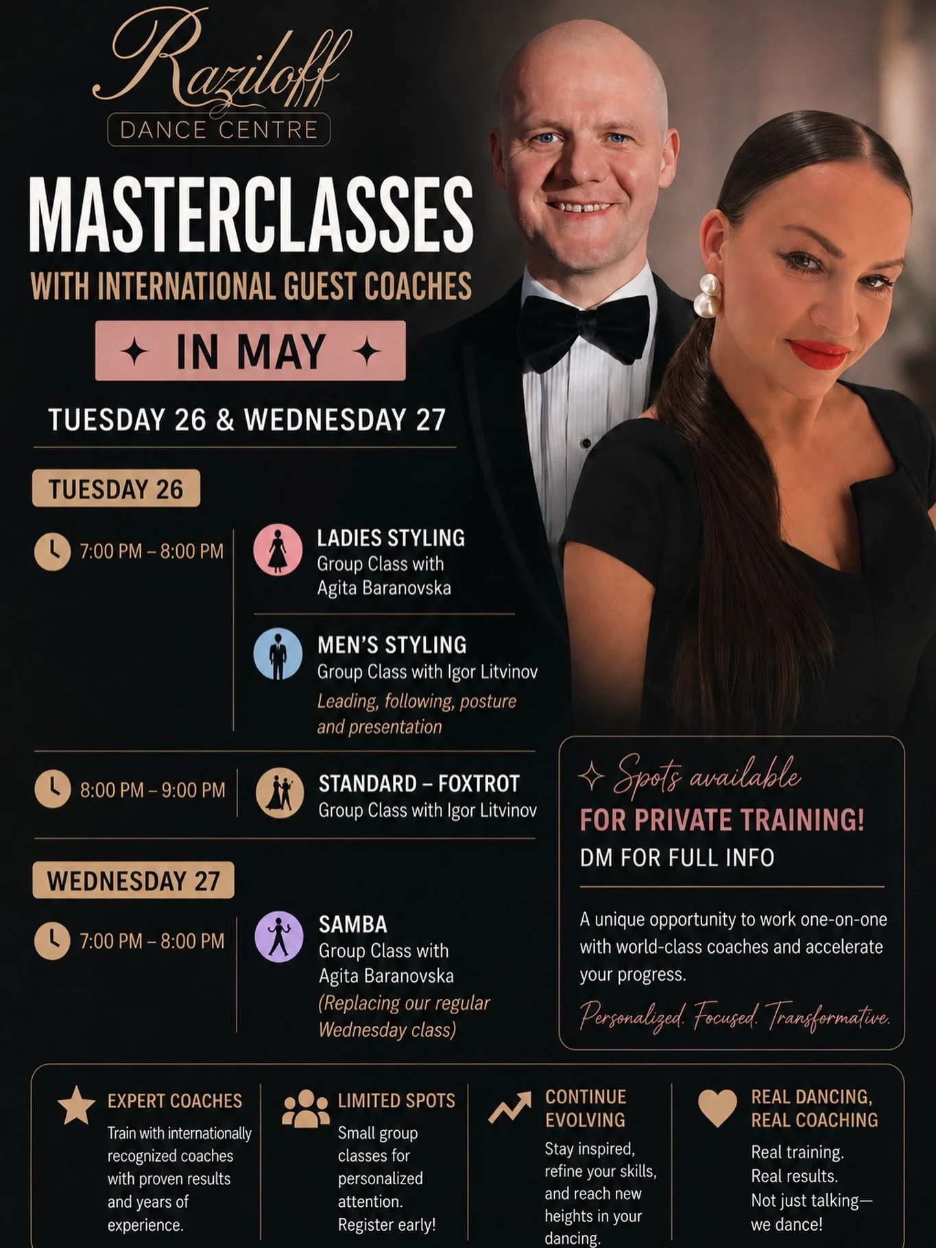 ✨ MASTERCLASSES IN MAY ✨

An exclusive opportunity to train with internationally renowned coaches right here in Montreal. 

Join us on May 26 &amp; 27 for special workshops with Agita Baranovska and Igor Litvinov featuring:

🔥 Ladies Styling 
🔥 Men