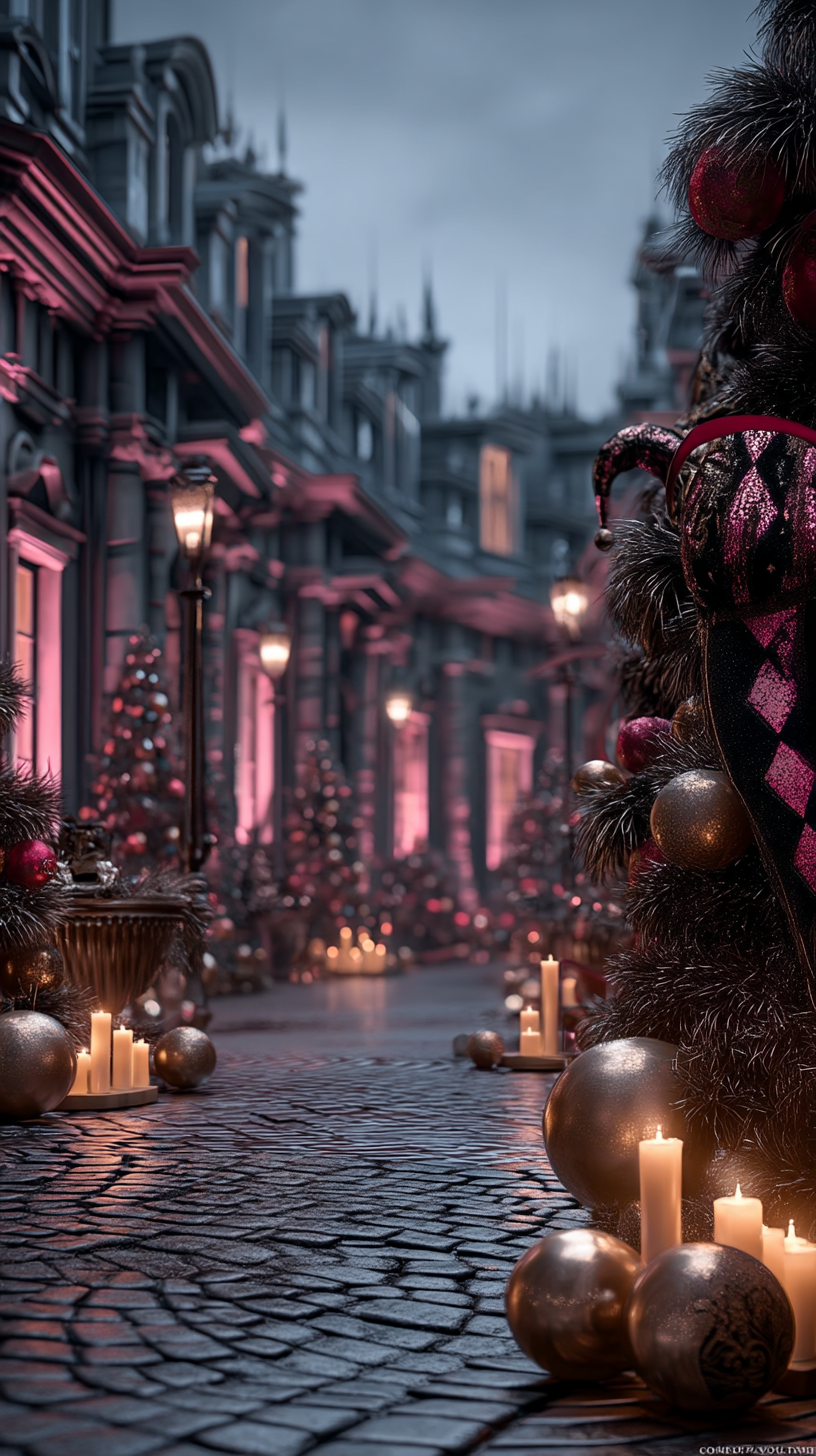 Cobbled street at dusk with glowing red lanterns illuminating historic buildings. Silhouettes of people in period clothing walking along the street.