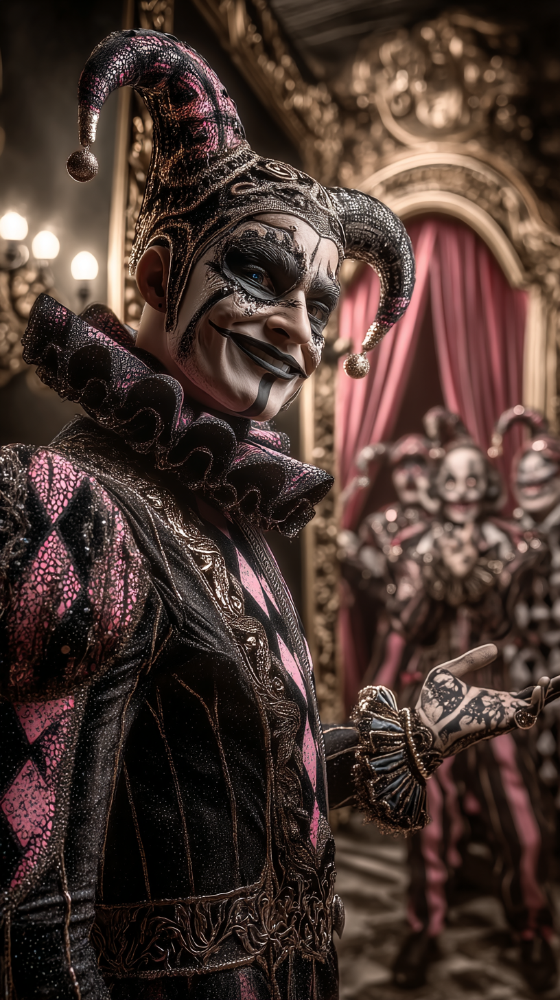 Group of five costumed figures dressed as colorful harlequin clowns with smiling masks, standing in a theatrical setting with ornate decorations and string lights.