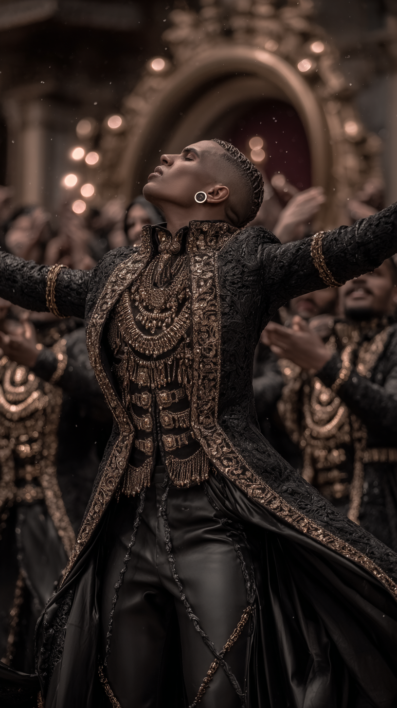 Two silhouetted figures in Victorian attire walking down a cobblestone street toward a illuminated Gothic castle at night, with fog and atmospheric lighting.